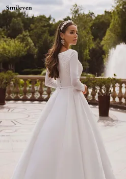 Smileven Elegant Satin Rochii de Mireasa cu Maneci Lungi din Dantela rochiei de Mireasa Musulman Rochie de Mireasa Acoperite Înapoi Vestido de novia 2020