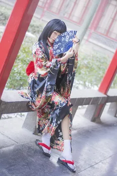 Sa convenabilă Shoujo Enma Ai Servitoare Rochie Kimono Yukata Uniformă Costum Cosplay Anime Costume Kimono + Curea + bowknot + Talie frânghie *2