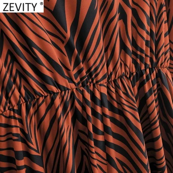 Zevity Noi Femeile Elegante Zebra cu Dungi de Imprimare Talie Elastic Midi Rochie Camasa Femei Maneca Lunga Casual Slim Split Vestido DS4739