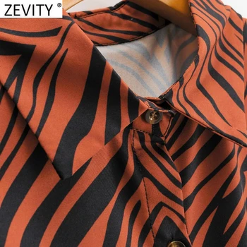 Zevity Noi Femeile Elegante Zebra cu Dungi de Imprimare Talie Elastic Midi Rochie Camasa Femei Maneca Lunga Casual Slim Split Vestido DS4739