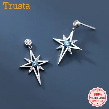 TrustDavis Real Argint 925 Farmec de Modă Star Albastru CZ Stud Cercei Pentru Femeile Petrecere de Nunta Bijuterii Fine DS559