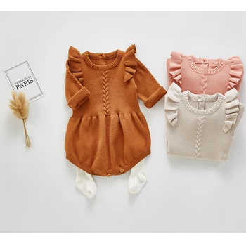 Fete Pentru Copii Tricotate Bodysuit 2020 Primăvară Copil Nou Nascut Maneca Lunga Solid Ciufulit Salopeta Costum Pentru Copii De Primavara Haine De Toamna