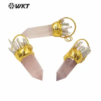 WT-P1587 Drăguț roz piatra colier pandantiv perla charm placate cu aur de mare incuietoare de inel de cuarț punct de piatră pandantiv