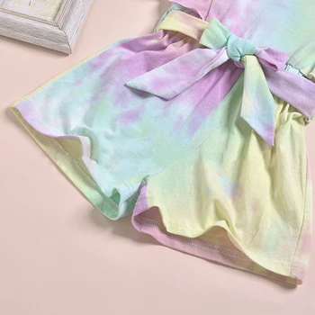 Noul Copil copil fată tie dye haine de vară pline de culoare gradient zburli maneca scurta salopeta cu bowknot betelie 9M-8T