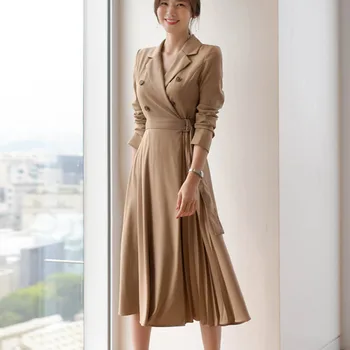Toamnă Doamnă Birou Cutat Lung Rochie De Petrecere Femei Coreene Casual Dintata Eșarfe Halat Femme Nou Elegant Poarte La Locul De Muncă Rochie Vestido
