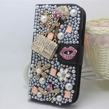 Bling Cristal Diamante Perle din Piele PU Flip Sloturi Stand Portofel Caz Acoperire Mini-Geantă de mână Pentru Samsung Galaxy Pentru iPhone 7 Plus