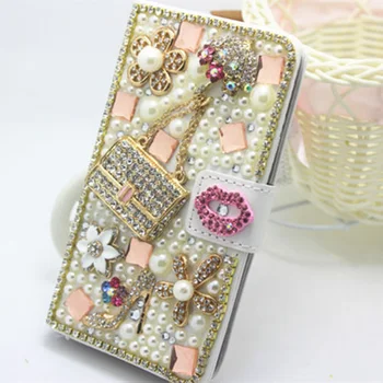 Bling Cristal Diamante Perle din Piele PU Flip Sloturi Stand Portofel Caz Acoperire Mini-Geantă de mână Pentru Samsung Galaxy Pentru iPhone 7 Plus