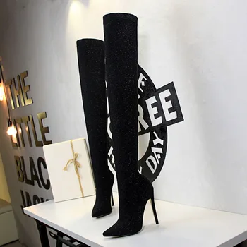 2020 negru Elegant cu paiete tesatura stretch doamnelor peste genunchi cizme femei șosete cizme genunchi ridicat cizme pantofi de toamnă