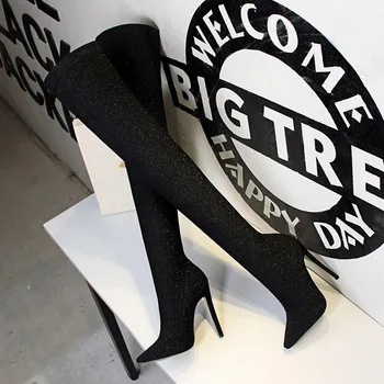 2020 negru Elegant cu paiete tesatura stretch doamnelor peste genunchi cizme femei șosete cizme genunchi ridicat cizme pantofi de toamnă