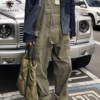 Aolamegs Bărbați Salopete de transport Japoneză Retro Salopete Multi-buzunare Hip Hop Solid de Moda Streetwear Casual Cuplu Pantaloni Largi