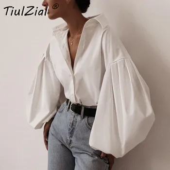 TiulZial Puff Maneca Lunga Tricou Femei 2020 Butonul De Moda Turlteneck Bluza Si Top Vrac Cămașă Albă Doamna Negru