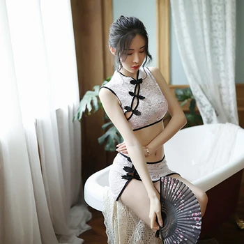 Femei sexy perspectivă de sex feminin lenjerie sexy cheongsam Chineză stil pijama set Dantelă Florale Nod Topuri cu Pantalon două piese