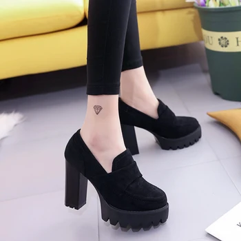 Femei Pompe Platforma Singur Negru Pantofi cu Tocuri Înalte, Groase 2019 piele de Căprioară Cap Rotund rezistent la apa de sex Feminin 10cm Super-Mare (8 cm-up) Casual