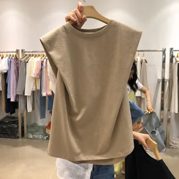 Femei din coreea de Vestă fără Mâneci Tricou de Moda de Stradă Solid de Culoare de Îmbrăcăminte de Vară Umăr Căptușit Topuri Pierde T-shirt Camisas