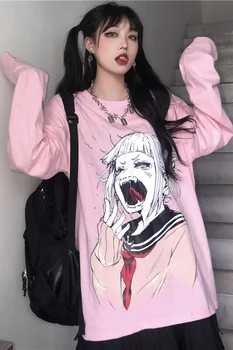 WHOHOLL Maneca Lunga T-shirt pentru Femei Haine de Toamna 2020 Nou Stil Harajuku Gotice Punk Ins Fată de Desene animate de Imprimare T-shirt Roz