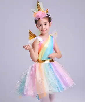 New sosire Frumoase jocuri pentru Copii Fete de Halloween Cosplay Unicorn haine Curcubeu Unicorn Veșminte cu Aripa caciulita dress up