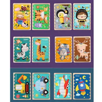Lemn Montessori Creative față-verso Bandă de Puzzle Jucărie Animale, Desene animate, Fructe de Trafic de Cunoaștere Educație Puzzle Lemn Jucărie pentru Copii