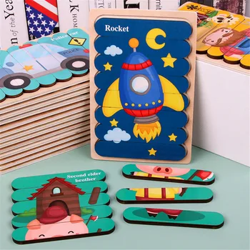 Lemn Montessori Creative față-verso Bandă de Puzzle Jucărie Animale, Desene animate, Fructe de Trafic de Cunoaștere Educație Puzzle Lemn Jucărie pentru Copii