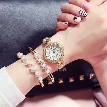 Noua Moda Femei Ceasuri 3pcs Set de Perle de Cristal Brățară de Aur Doamnelor Cuarț Ceas Relojes Mujer Femei de Lux Ceasuri Cadouri