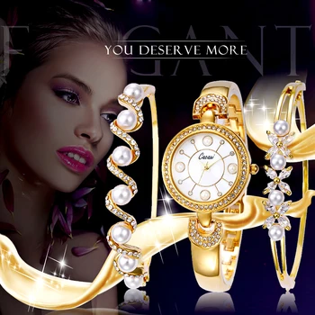 Noua Moda Femei Ceasuri 3pcs Set de Perle de Cristal Brățară de Aur Doamnelor Cuarț Ceas Relojes Mujer Femei de Lux Ceasuri Cadouri