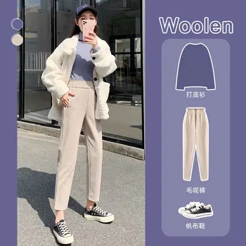 Lână Pantaloni Cu Talie Înaltă Buzunar Lucreze Pantaloni Plus Dimensiune Negru Maro Alb, Pantaloni De Trening De Iarna Cald Lână Pantaloni Coreean 2020 Haine