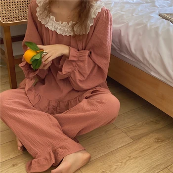 Coreea stil plin de bumbac, pijamale de casă pentru femei costum de pijama set de lux dantelă pulovere pantaloni homewear haine toamna iarna nou Y243