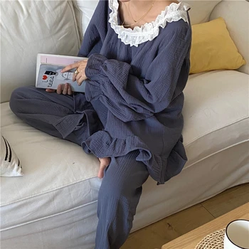 Coreea stil plin de bumbac, pijamale de casă pentru femei costum de pijama set de lux dantelă pulovere pantaloni homewear haine toamna iarna nou Y243