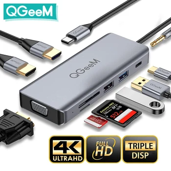 QGeeM USB C Hub pentru Macbook Pro de Aer Dual HDMI VGA Card Micro SD Cititorii Aux PD OTG Multi Hub USB 3.0 Tip C Adaptor pentru Notebook-uri