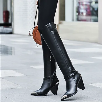 Moda pantofi de iarna pentru femei-negru bej metal a subliniat deget de la picior din piele peste genunchi cizme înalte femeie sexy pantofi cu toc botine mujer