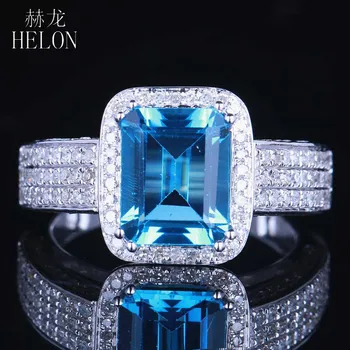 HELON Solid 10K Aur Alb cu Smarald 9x7MM 3.3 ct Autentic Natural Topaz Albastru Natural de Logodna Diamante Bijuterii de Nunta Inel