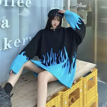 Coreea De Y2k Femei Pulovere Supradimensionate Pulover Vrac Primăvară Moda Femei Flacără Albastră Plus Dimensiunea Pulover Lung Jumper Streetwear