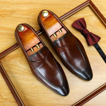 2021 Primăvară Bărbați Formale Pantofi De Brand De Moda Italian Maro Alunecare Pe Pantofi Rochie Genuine Piele De Vacă Negre Pantofi De Nunta Buty Meskie