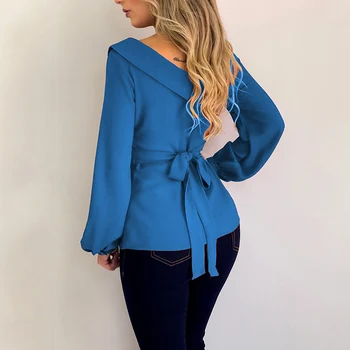 Flare Sleeve Nou Toamna Rezervor De Top Cu Maneci Lungi Bownot V-Neck Slim Casual Tricou Pulover Elegant De Moda Pentru Femei Șifon Bluza Vânzare