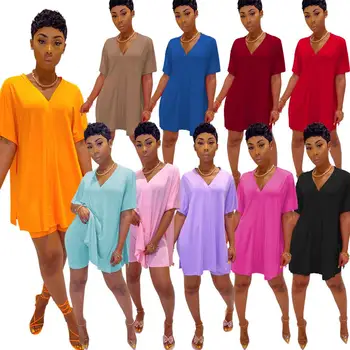 Femei Culoare Solidă Două Bucăți Seturi Treninguri V-Neck Loose Side Split T-shirt, pantaloni Scurți, Jambiere Slab de Pantaloni Costum de Fitness Utilaje