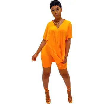 Femei Culoare Solidă Două Bucăți Seturi Treninguri V-Neck Loose Side Split T-shirt, pantaloni Scurți, Jambiere Slab de Pantaloni Costum de Fitness Utilaje