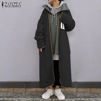 ZANZEA 2021 Fashion Fleece Pufos Uza de Iarna pentru Femei Jachete Lungi Casual cu Maneci Lungi Haine de sex Feminin Zip Mozaic Paltoane