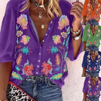 2020 Moda floare de Imprimare Femei Bluze Casual cu Maneci Lungi Guler de Turn-down Cu Butoane Bluza Tricouri Plus Dimensiune Munca Tricou @47
