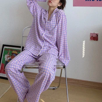 Femei Set De Pijama Simplă Tipărite Pijamale Drăguț Casual Homewear De Sex Feminin Pijamale Femei Printesa Moale, Elegant, Cu Maneca Lunga Carouri