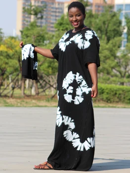 Dashikiage negru de bumbac cu textura moale, confortabil rochie cu o eșarfă mare