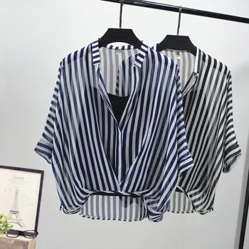 Sifon cu dungi pentru femei bluza de vară 2020 nou scurt cu mâneci v-neck loose birou doamnă elegant trage uza topuri