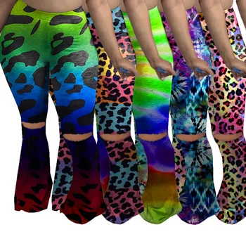 2020 Toamna Noua Femei Leopard Tie-Dye Tipărite Clopot-Fund Pantaloni Femei Sexy Talie Mare Bodycon Gol Afară de Pantaloni Evazate