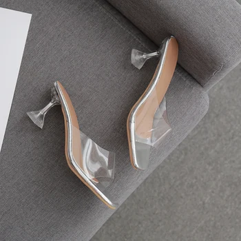 2020 Noi de Vara Roma PVC Transparent Papuci de Femei Pantofi Deget de la picior Deschis Clar Toc Subțire de Mare de Cristal Portocaliu de Caise Argint