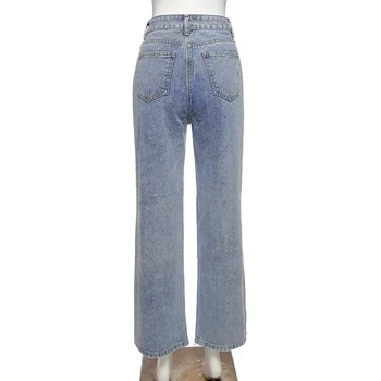 BOOFEENAA Street Style de Iubitul Rupt Blugi pentru Femei de Talie Mare Baggy Jeans Albastru Denim Sexy Pantaloni Largi Picior C71-EI52