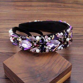 Manual De Lux Violet Cristal De Cuarț Bentițe De Perle Si Margele Baroc Benzi Stras Tiara Femeile Rochii De Păr Bijuterii