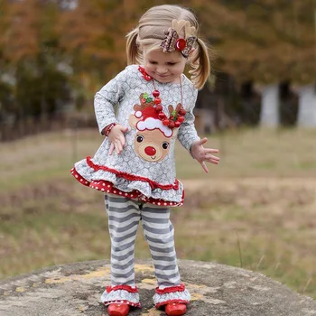 Tinutele de crăciun pentru Fete Baby Boutique Bumbac Cerb de Crăciun Appliqued Unduiri Rochie de Top Pantaloni Set Haine Fete Costum de Crăciun