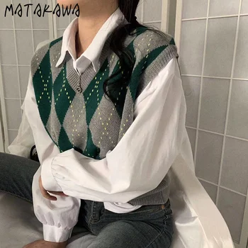 MATAKAWA Moda Japoneză Vesta Retro Diamant Tricot Pulover Vesta coreean Ins Toamna V-Neck Argyle Kntted Vesta