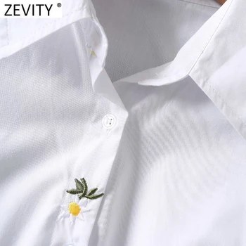 Zevity 2021 Femei de Moda Broderii Florale Casual Slim Pliuri Cămașă Rochie de sex Feminin Chic White Party Vestido de Afaceri Pânză DS4969