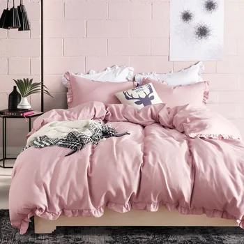 Denisroom culoare solidă bumbac lenjerie de pat set roz lenjerie de pat drăguț carpetă acopere stabilit regina pat king-size setXY65#