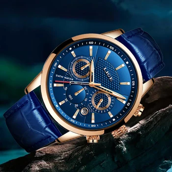 2020 Barbati Ceas LIGE Brand de Top Albastru din Piele, Cronograf rezistent la apa Sport Automatic Data de Cuarț Ceasuri Pentru Barbati Relogio Masculino