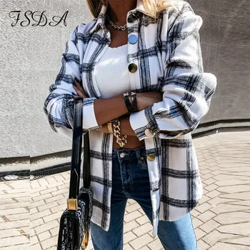 FSDA Maneca Lunga Jachetă în Carouri Femei Toamna Iarna Supradimensionate 2020 Strat de Moda Liber Uza de Epocă Elegant Top Streetwear
